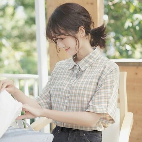 Shirts Women Short Sleeve Plaid Turn-down Collar Button School Sweet Shirt Trendy Casual Simple Loose Korean Style Soft Blouses