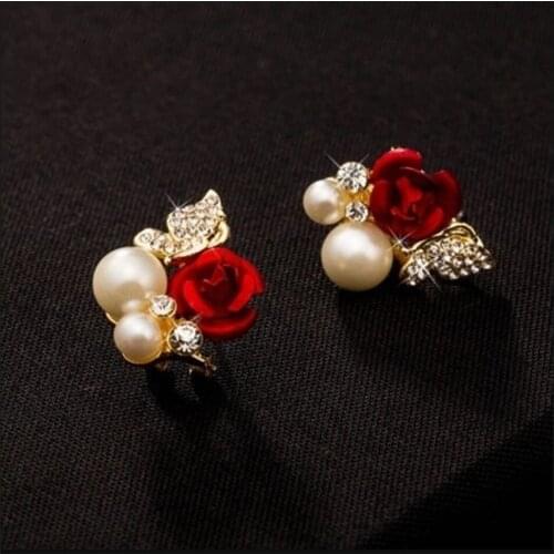 Flower Earrings Beautiful Red Rose Flower Imitation Pearl Crystal Stud Earrings Girl Simple Ear Jewelry Gift