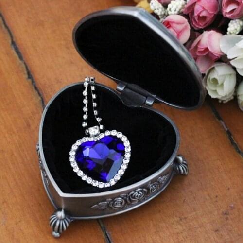 Dark Blue Heart Shaped Lovely Pendant Necklace + Metal Gift Box Packed Set Christmas / Birthday Gift