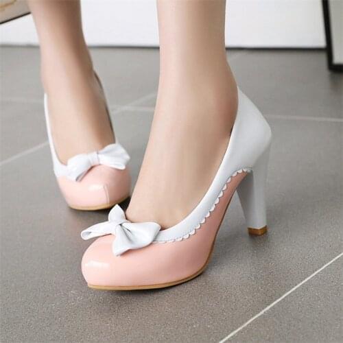 Lolita Shoes Pink High Heels Platform Bow Women Pumps Block Heel Shoes 2020 Spring Dress Wedding Shoes Red Size 44 45 46 47 48