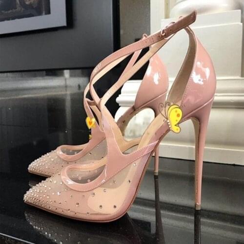 Newest Nude Mesh Pumps Sandals Female Pointed Toe Crystal High Heels Women Shoes Glitter Gorgeous Bridal Party Dress Shoes
