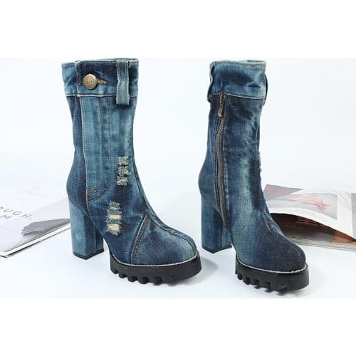 WOMEN ANKLE BOOTS Western Denim Runway Designer Shoes Boots female 9.5cm Square Heel Cowgirl Boots Round Toe Womens High Boots