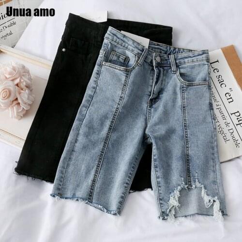 Unua amo Summer High Waist Knee Length Jeans Women Fashion Wild Frayed Ripped Hole Tassel Street Style Casual Denim Shorts