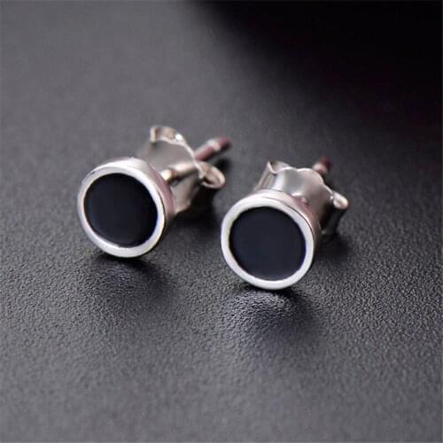 925 Sterling Silver Black Enamel Round Stud Earrings For Women Wedding Female pendientes mujer moda aretes de mujer eh1451
