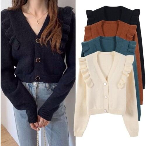 Sweet Fungus Edge Short Cardigan 2021 Vintage Long Sleeve Fall Sweater Simple V-neck Soft Office Lady Stretchy Knitted Coat