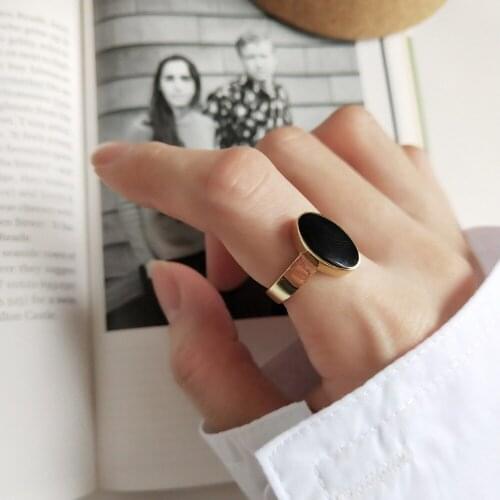 Authentic S925 Sterling Silver FINE Jewelry Black Enamel Oval shape geometric rings Gold wild Adjust for womens Punk J462