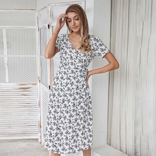 Dress Women Floral Print Boho Elegant Maxi Dress V Neck Short Sleeve High Waist Casual Summer Ladies Dresses Vestidos Robe