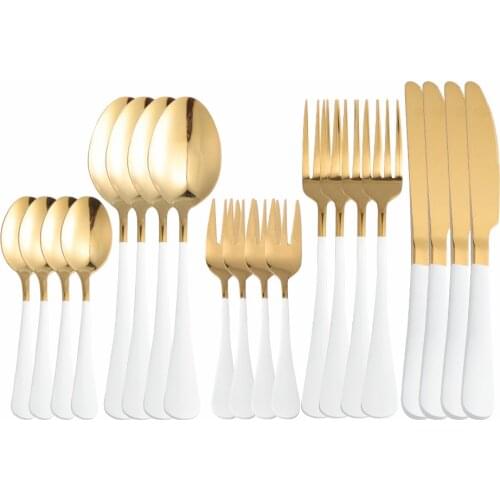 20Pcs White Gold Stainless Steel Cutlery Tableware Set Dinnerware Dinner Wedding Flatware Set Forks Knives Spoons Set Silverware