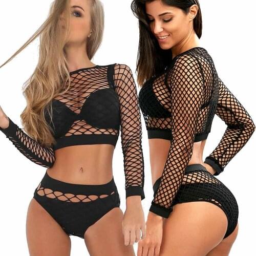 2019 Sexy Women Perspective Sheer Mesh Fishnet See through Hollow out Tee Bodycon Long Sleeve Tops Beach T Shirt +Short
