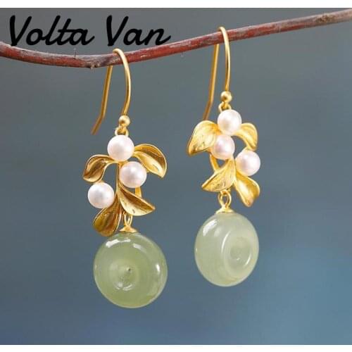 Volta Van 2021 New Jade Drop Earrings 925 Sterling Silver Freshwater Pearls Pendientes Plata Vintage Flower Jewelry Earrings