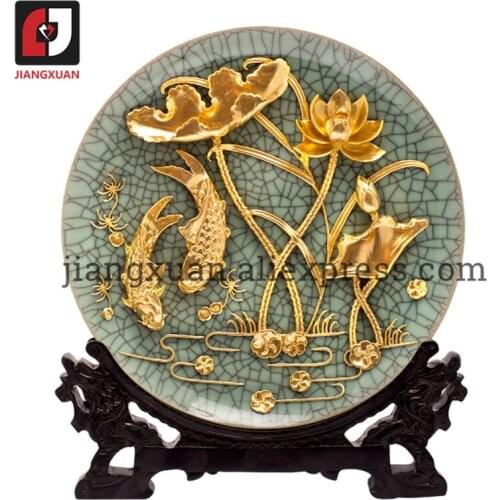 24k gold antique decorative lacquer line carving plates 10 inch carp lotus ge kiln porcelain plate handicraft decoration gifts
