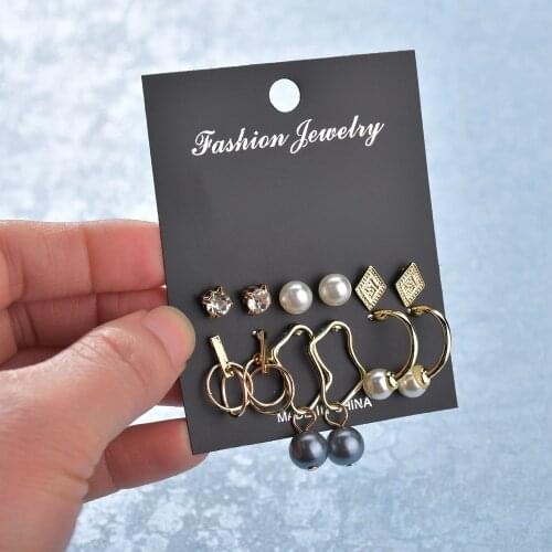 6pcs/Set Mix Design Geometric Earrings Set For Women Girls 2019 Fashion Crystal Pearl Small Earrings Boucle d'oreille Femme Gift