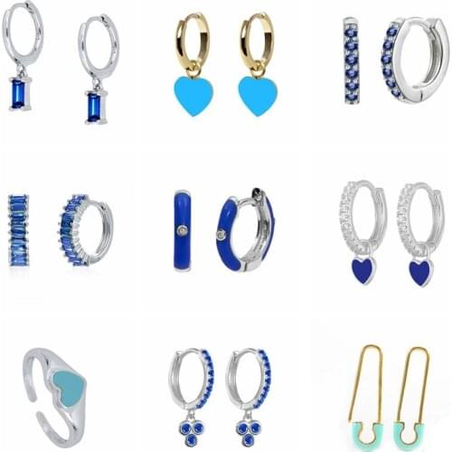 GS 925 Sterling Silver Blue Crystal Series Hoop Earrings For Women Fashion Enamel Dripping Oil Heart Charm Piercing Earrings