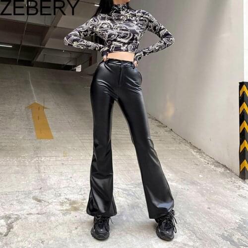 ZEBERY Y2k Sweatpants Vintage PU Leather Wide Pants For Women Hot Aesthetic Capri Black High Waist Harajuku Trouser Female