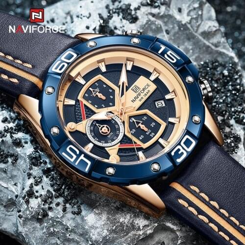 NAVIFORCE Watches For Men Fashion Casual Genuine Leather Quartz WristWatch Male Luxury Brand Waterproof Analog Chronograph Clock
