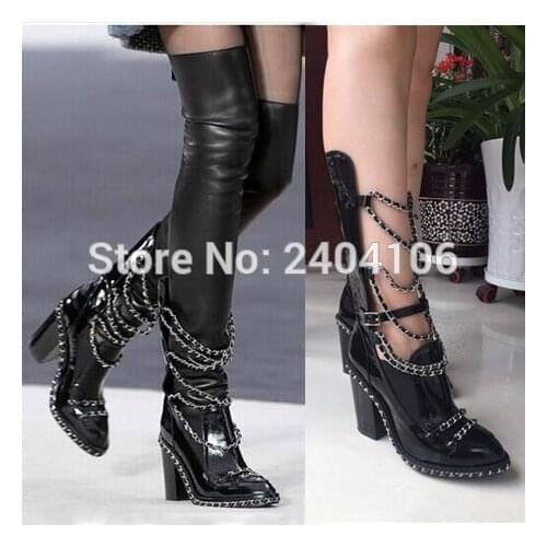 Black Patent Leather Stretch Over Knee Boots Chain Embellished Block Heel Thigh High Boots Platform Shoes Woman Ankle Booties