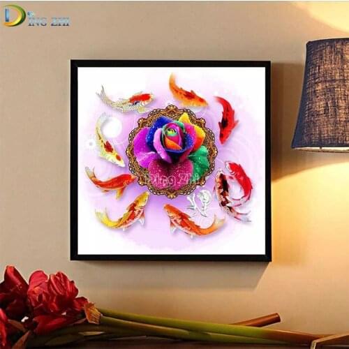 Color Rose Flower Koi Fish 5D Diamond Painting Flower Full Square Diamond Embroidery Mosaic Sale Chinese Style Home Decoration