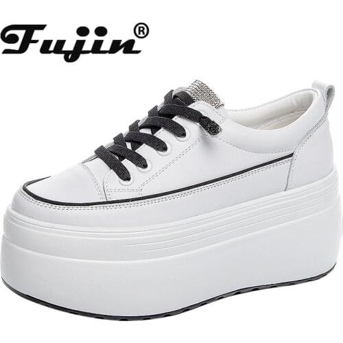 Fujin White Genuine Leather Platform Heel Women Flats Shoes Lace up Soft Comfortable Walking Casual Creepers Thick Chunk Sneaker