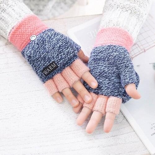Unisex Cotton Knitted Gloves Thickening Patchwork Flip Fingerless Exposed Finger Gloves Male Half Finger Winter Warm Mittens
