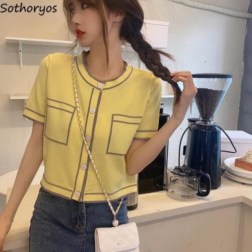 Short Sleeveless Cardigan Women Patchwork Yellow Elegant Office Lady Slender Crop Top Daily All-match Sweaters Trendy 2021 New