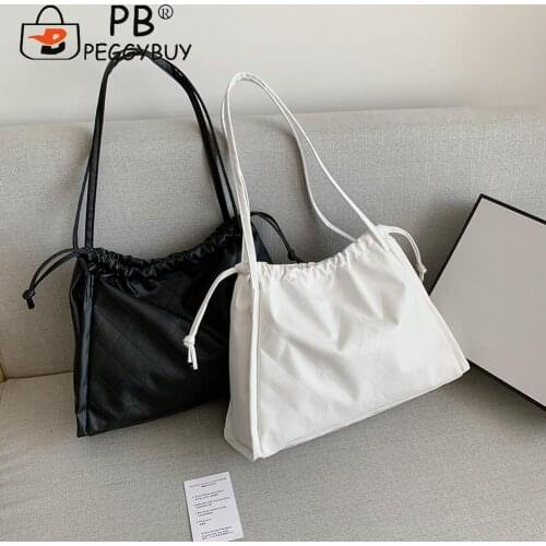 Fashion Women Lattice Pattern Shoulder Crossbody Tote Bag Casual PU Leahter Solid Color Drawstring Large Capacity Handbags