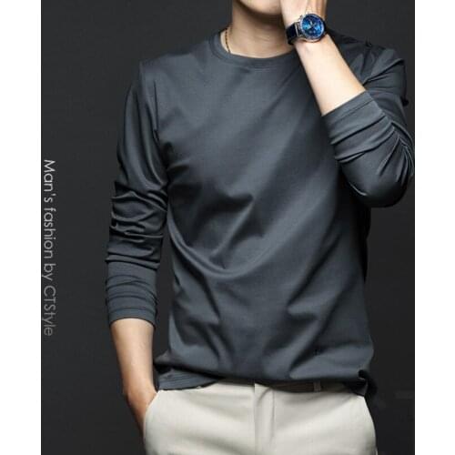 Mens Round Neck Long Sleeve Mercerized Cotton Bottoming Shirt Cotton Spring Clothes Ice Silk Trend Spring Wear