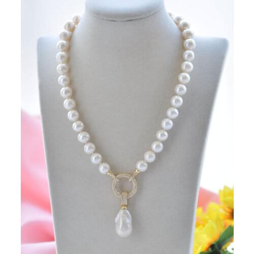 Natural freshwater pearl 18" 9-10mm White Round & Baroque Keshi Pearl Necklace & Pendant CZ