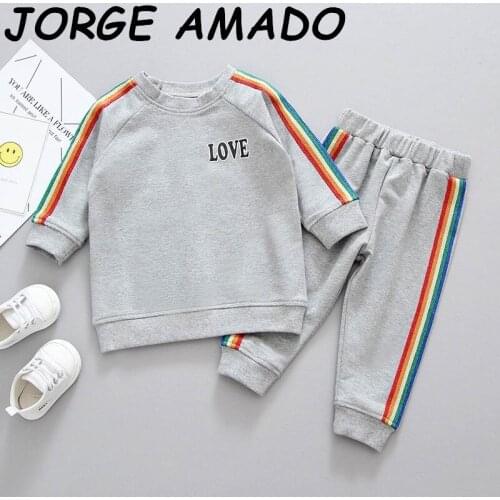 2020 Autumn New Boys Girls Outfits Colourful Stripe Letter Cotton Hoodie 2pcs Sport Sets Baby Clothes E20276