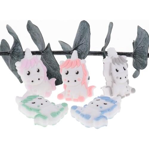 Food Grade 10pcs Silicone Unicorn Baby Teether Beads Animal Pearl Pacifier Clip Chain Newborn Shower Gifts Accessories Teething