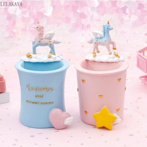 Unicorn Student Pen Holder Ornaments Resin Pencil Pen Stand Holders Office Sundries Storage Boxes Children Stationery Container