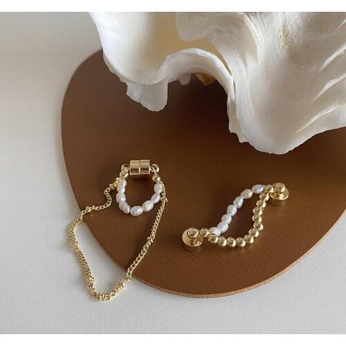 Vintage Gold Color Beaded Layered Tassel Earrings for Women Minimalist Chain Irregular Natural Pearl Asymmetric Clip Earrings