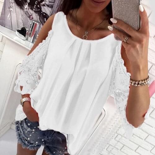 New Arrival Solid Color Women Summer Cold Shoulder O Neck Shirt Ladies Hollow Lacy Sleeve Pleat Blouses Tops 4 Color
