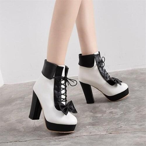 Sweet Bow Lace Up Thick High Heel Western Boots Shoes Woman Short Plush Lady Shoes Big Size 34-48 Women Ankle Boots Lolita Shoes
