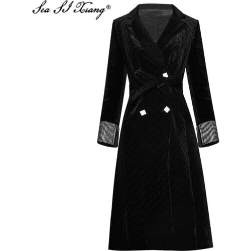 Seasixiang Fashion Designer Autumn Velvet Overcoat Womens Long Sleeve Crystal Double Breasted Argyle Wool & Blends Overcoat