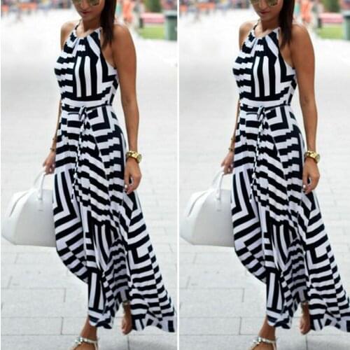 Women Long Dress Boho Summer Fashion Casual Dress Sleeveless Striped Bow High Waist Straight Ankle=Length Dress Sundress