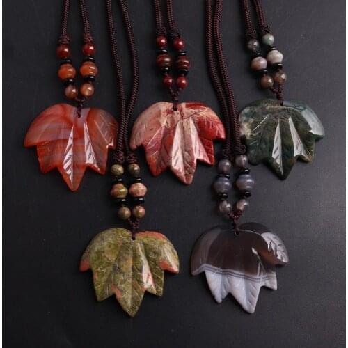 3PCS Natural Energy Stone Maple leaf Pendant Necklaces Women Healing Chakra Boho Jewelry Choker Amulet Pendulum Dropshipping