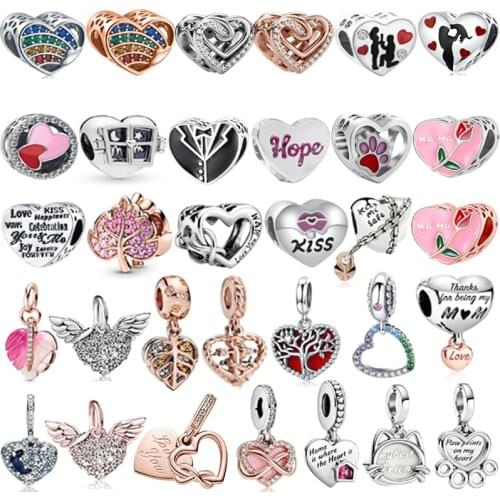 CZ Rainbow Heart Pendant Fit Original Pandora Charms Bracelet Hearts Beads DIY Fine Jewelry for Women Family Forever Couple Gift
