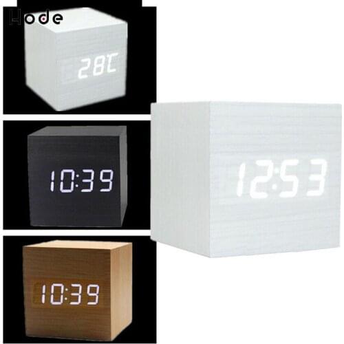 Cube Wooden Bamboo Clock Digital LED Desk Table Alarm Clock Thermometer Sounds Control LED display Calender humidity meter