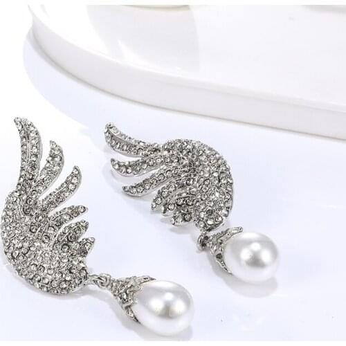 EASYA 2020 New Fashion Simulated Pearl Earrings Metal Crystal Angel Wing Stud Earrings For Women Girls Accessories Jewelry