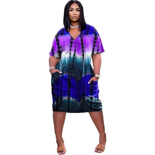 Gradeint Tie Dyeing Print Casual Loose Dress Women Deep V Neck Ruched Midi Dress High Street Side Pockets Vestidos RV331