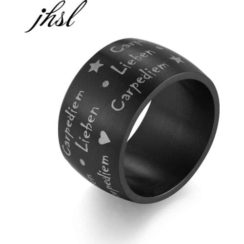 JHSL 14mm Width Black Big Large Men Statement Thumb Rings Stainless Steel Fashion Jewelry Anniversary Gift Size 7 8 9 10 11 12