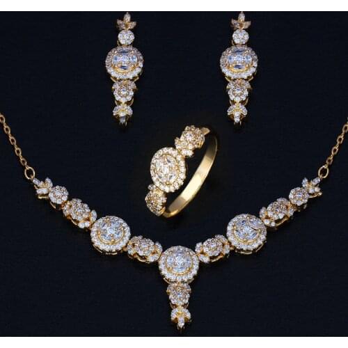 Bride Talk High Quality Gold-color AAA Cubic Zirconia 3 PCS Bridal Wedding Pendant Necklace Earrings Ring Copper Jewelry Sets