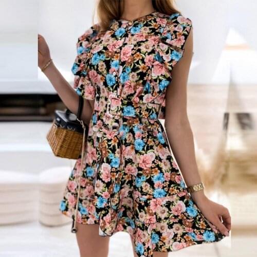 Dress O Neck Floral Print Short Sleeveless Mini Dress with Belt for Dating