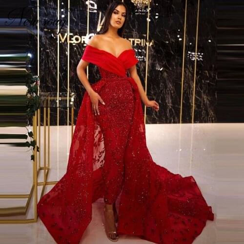 Red Beaded Prom Dresses Formal Off Shoulder Evening Dress Saudi Arabia Celebrity Prom Dress Dubai 2020 Custom Robe De Soiree