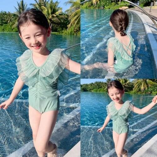 Girls Swimsuit Summer 2021 New Children Clothing Girl One-piece Swimming Bodysuit Fashion Lace Beach Wear