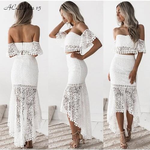 Summer 2 Piece Set Women Sexy Party Suit Elegant Party Outfits White Lace Bodycon Strapless Crop Top Pencil Skirt Vestidos