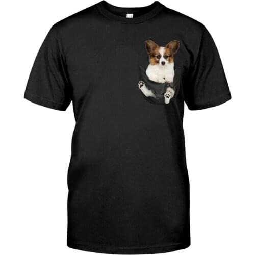 CLOOCL Fashion Popular Cotton T-Shirt Pet Dog Papillon Pocket Printed Shirt Casual Harajuku Short Sleeve Funny Cotton Black Tees