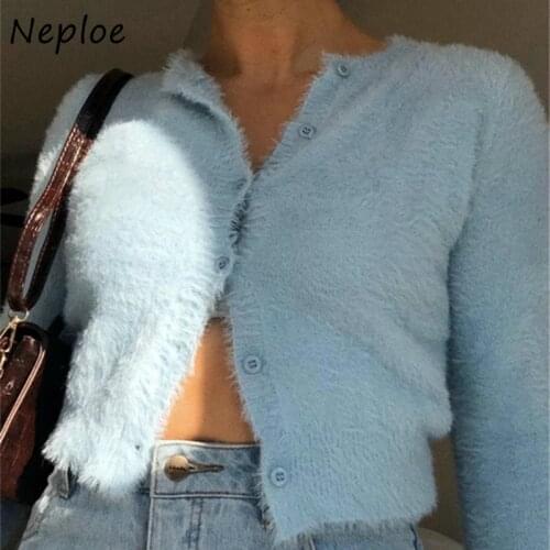 Neploe 2021 New Solid Color Simple Sweater O-neck Single Breasted Knitted Cardigan Women Autumn Long Sleeve Femme Coat 1G468