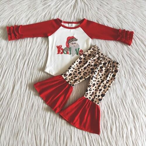 Wholesale/Retail Long Sleeve Outfit for Kids Girl Icing Ruffle Top And Bell Pants Suit Christmas Teenagers Leopard Clothing set