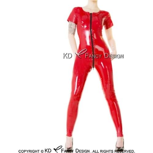 Red Sexy Latex Catsuit With Front To Crotch Zipper And Short Sleeves Rubber Jumpsuit Body Suit Bodysuit Zentai Overall LTY-0191